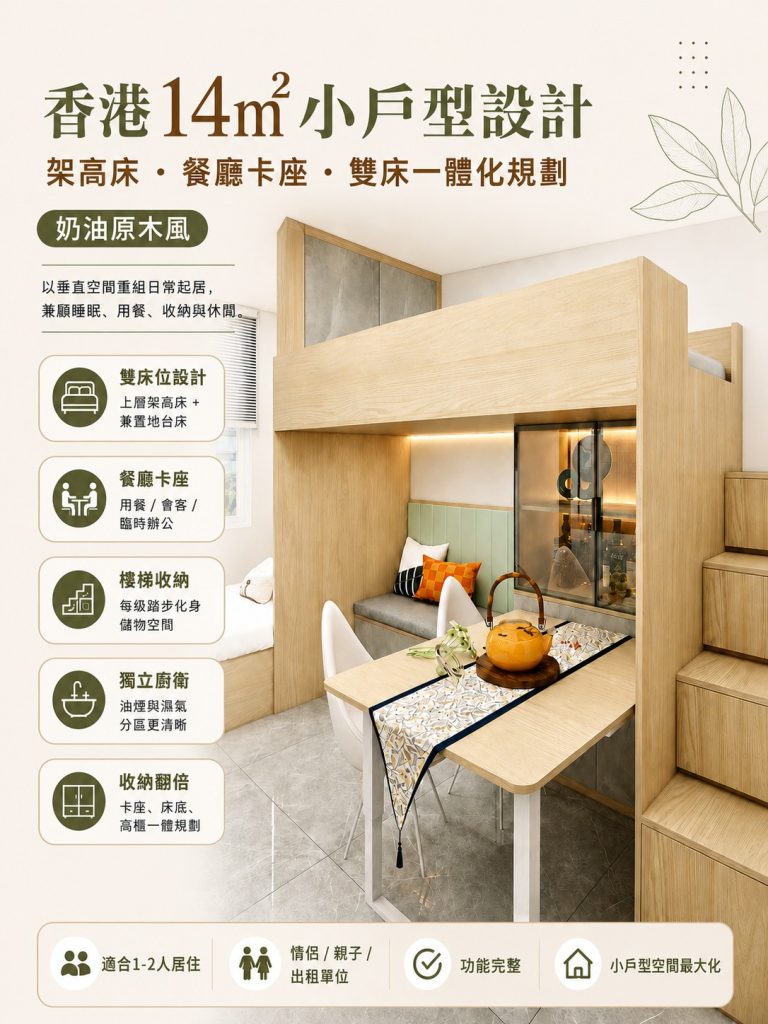 香港14㎡小戶型設計｜架高床、餐廳卡座與雙床一體化規劃