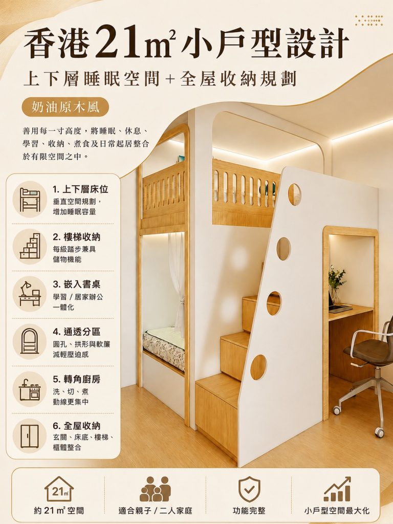 香港21㎡小戶型全屋設計｜上下層睡眠空間＋全屋收納規劃