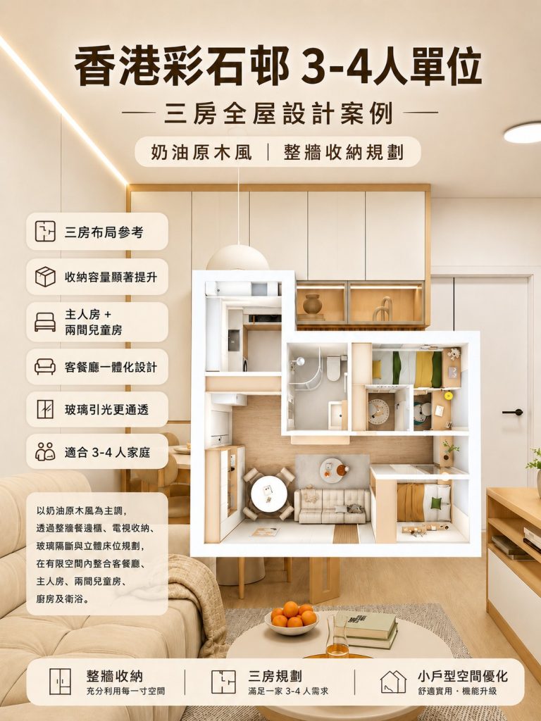 香港彩石邨3-4人單位三房設計｜奶油原木風與整牆收納，放大一家人的生活空間
