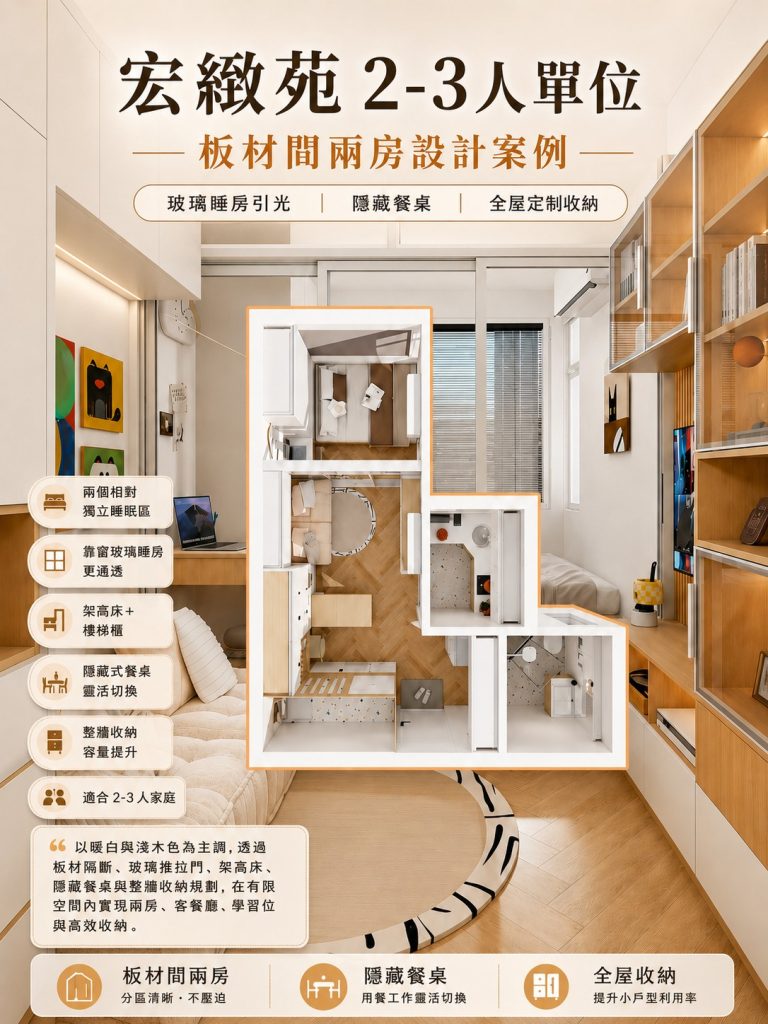 香港宏緻苑2-3人單位兩房設計｜板材隔斷、玻璃睡房與隱藏餐桌一體化規劃
